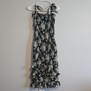 Abercrombie & Fitch Dark Green Floral Smocked Midi Dress With Tie Straps, XS